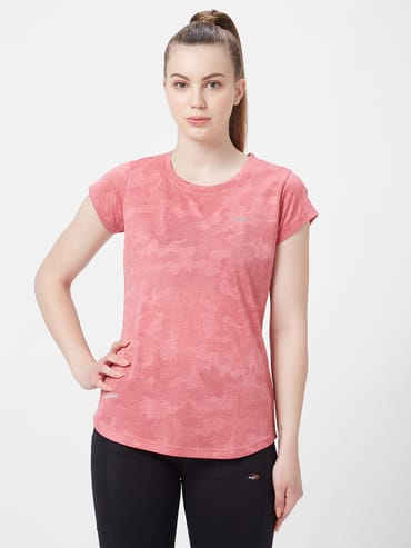 Women Camo Self Design Sports Slim Fit T-shirt